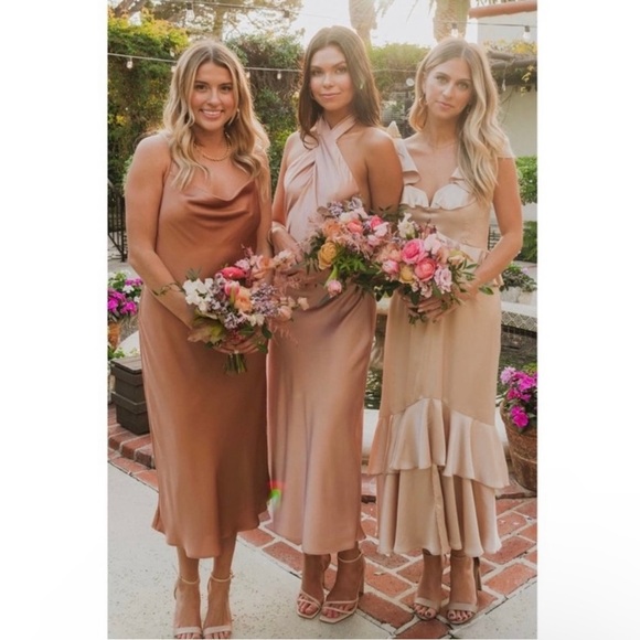 Show Me Your Mumu Jasmine Halter Midi Dress rose gold luxe‎ satin size xs formal - Picture 11 of 11